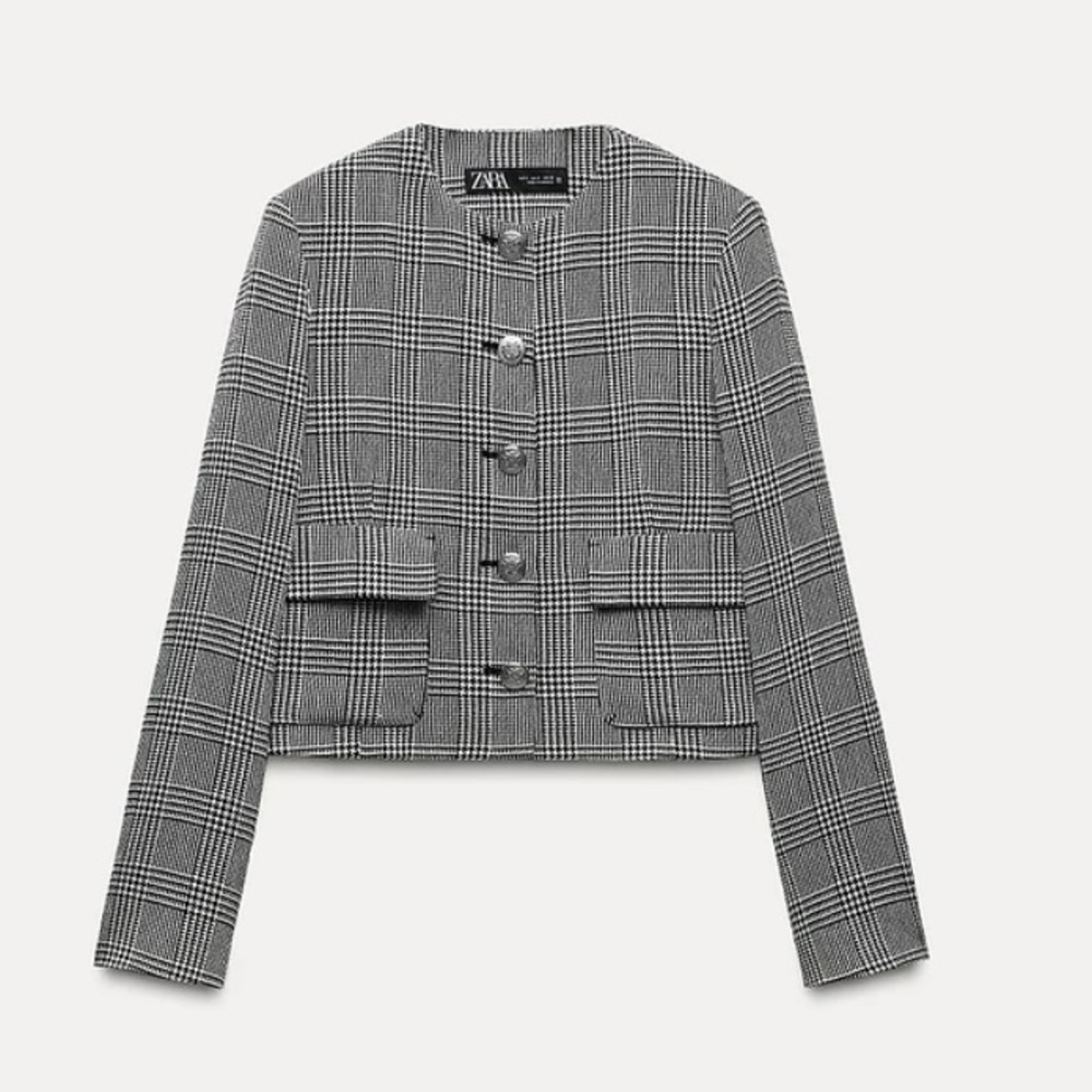 NWT medium Zara SHORT Crop Black White HOUNDSTOOTH BLAZER  Silver button detail